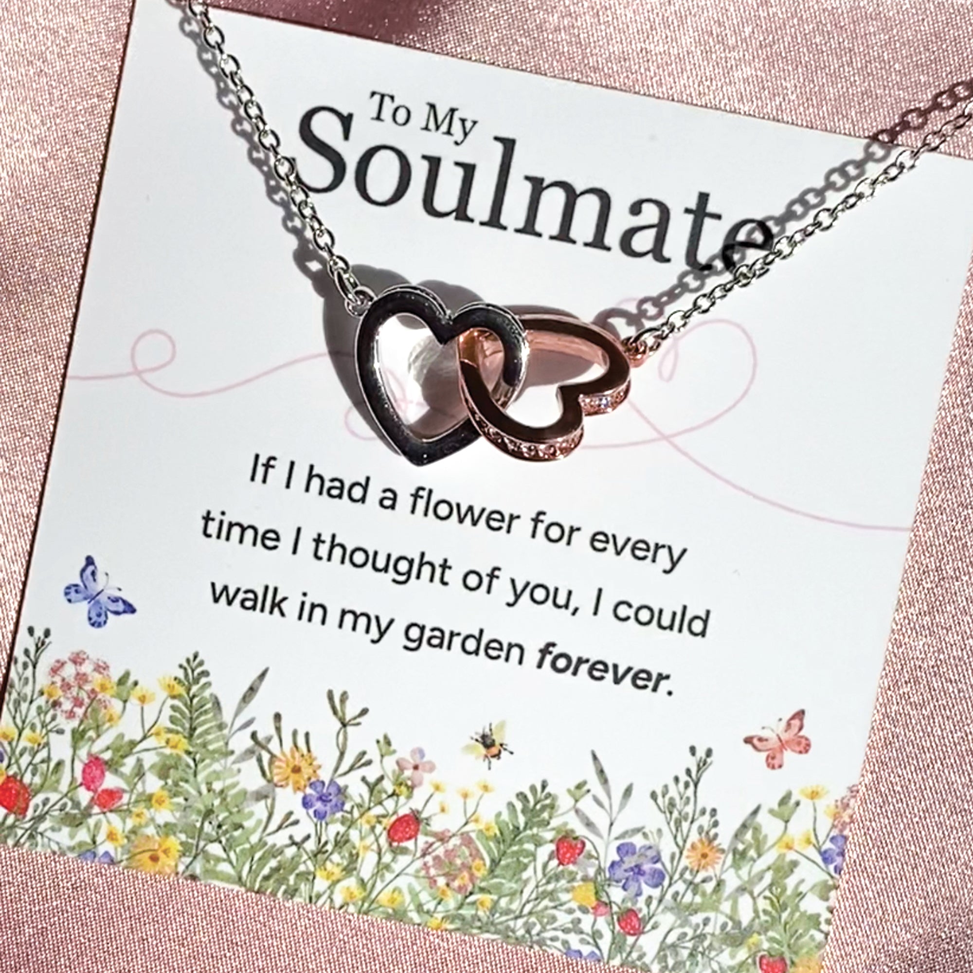 To My Soulmate - Flowers - Sterling Silver Interlocking Hearts Necklace